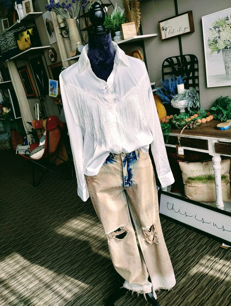 White Fringe Button up